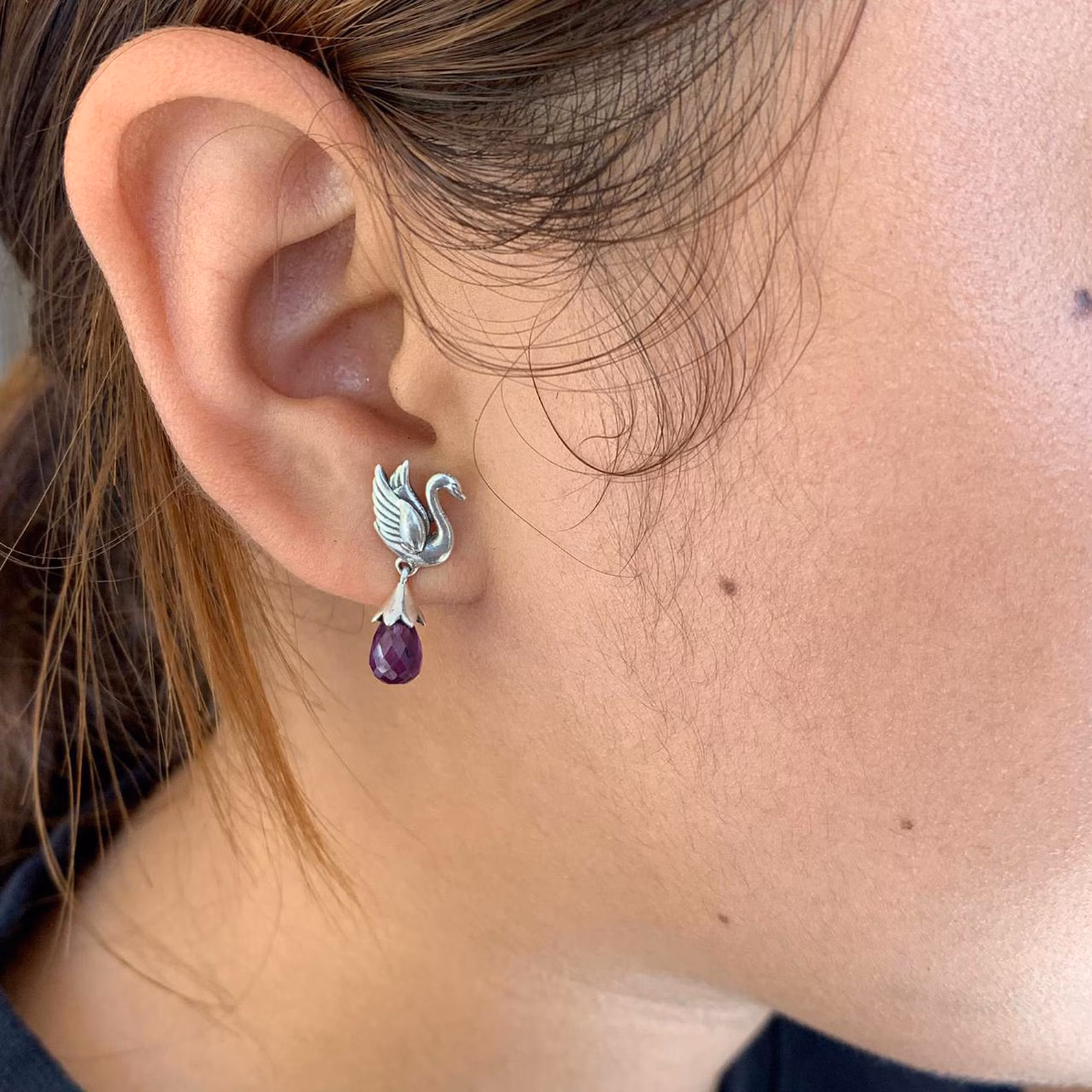 Bali Artisan Silver Swan Earrings with Purple Amethyst Genuine amethyst teardrop sterling silver swan earrings
