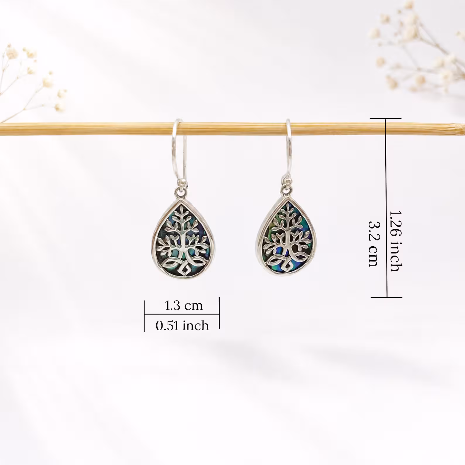 Bali Artisan Tree of Life Silver Drop Earrings Handmade Bali Tree of Life sterling silver dangle earrings with abalone