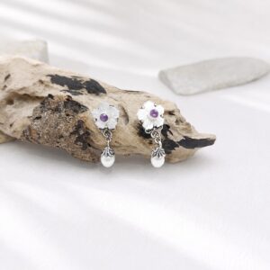 handmade Bali silver flower earrings with genuine gemstone