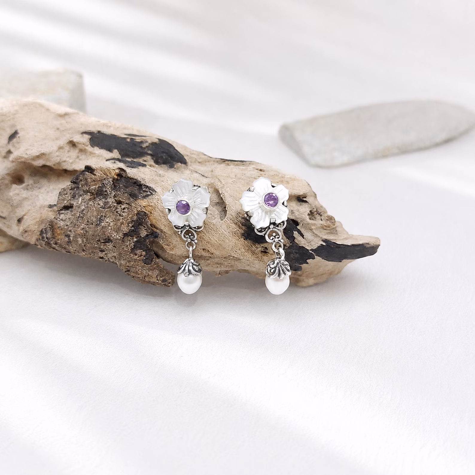 Bali Handmade Floral Sterling Silver Gemstone Pearl Earrings handmade Bali silver flower earrings with genuine gemstone