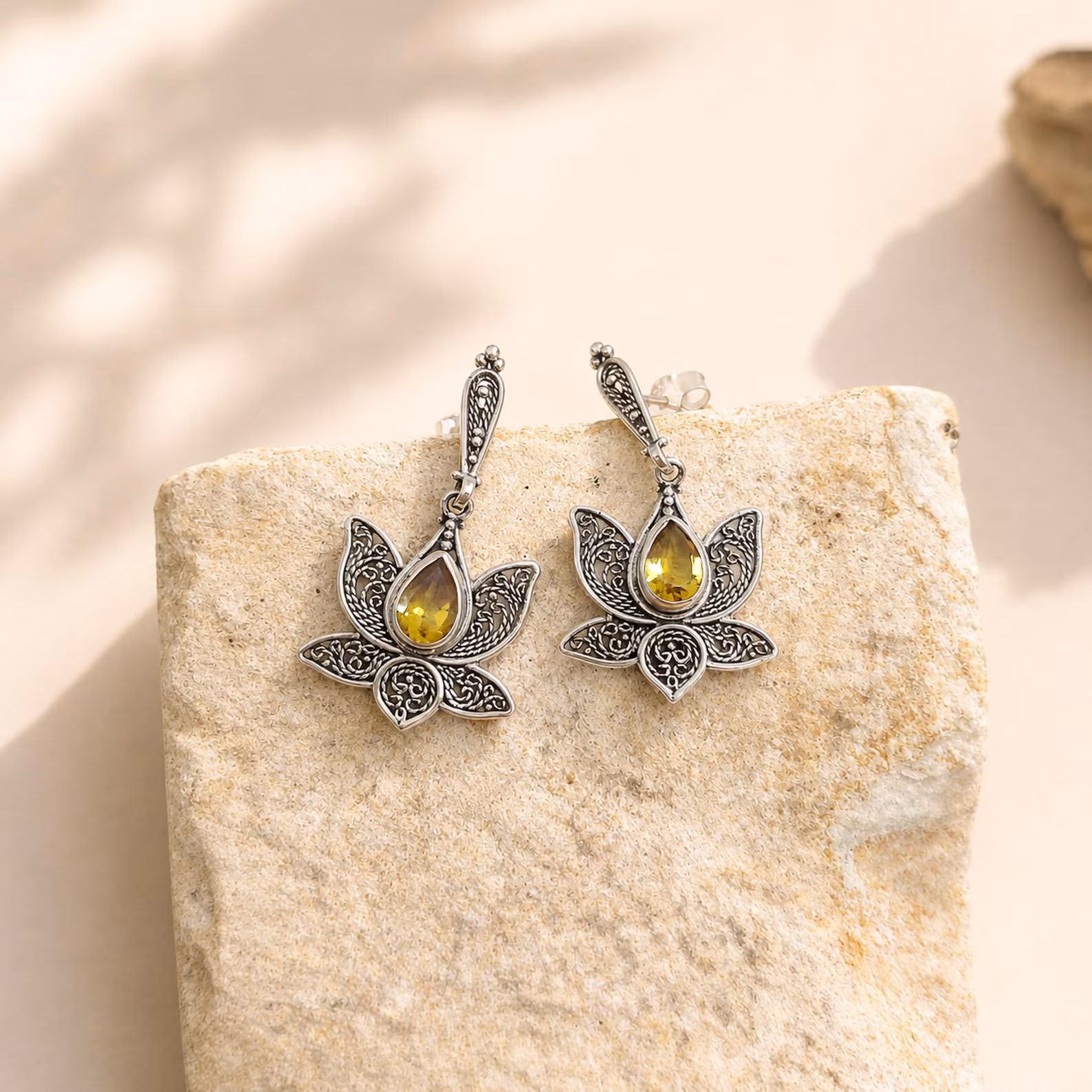 Bali Handmade Lotus Sterling Silver Gemstone Earrings handmade Bali lotus earrings with faceted teardrop gemstone
