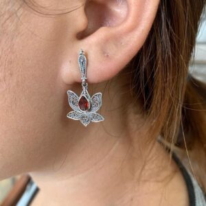 close up of Balinese sterling silver lotus filigree earrings