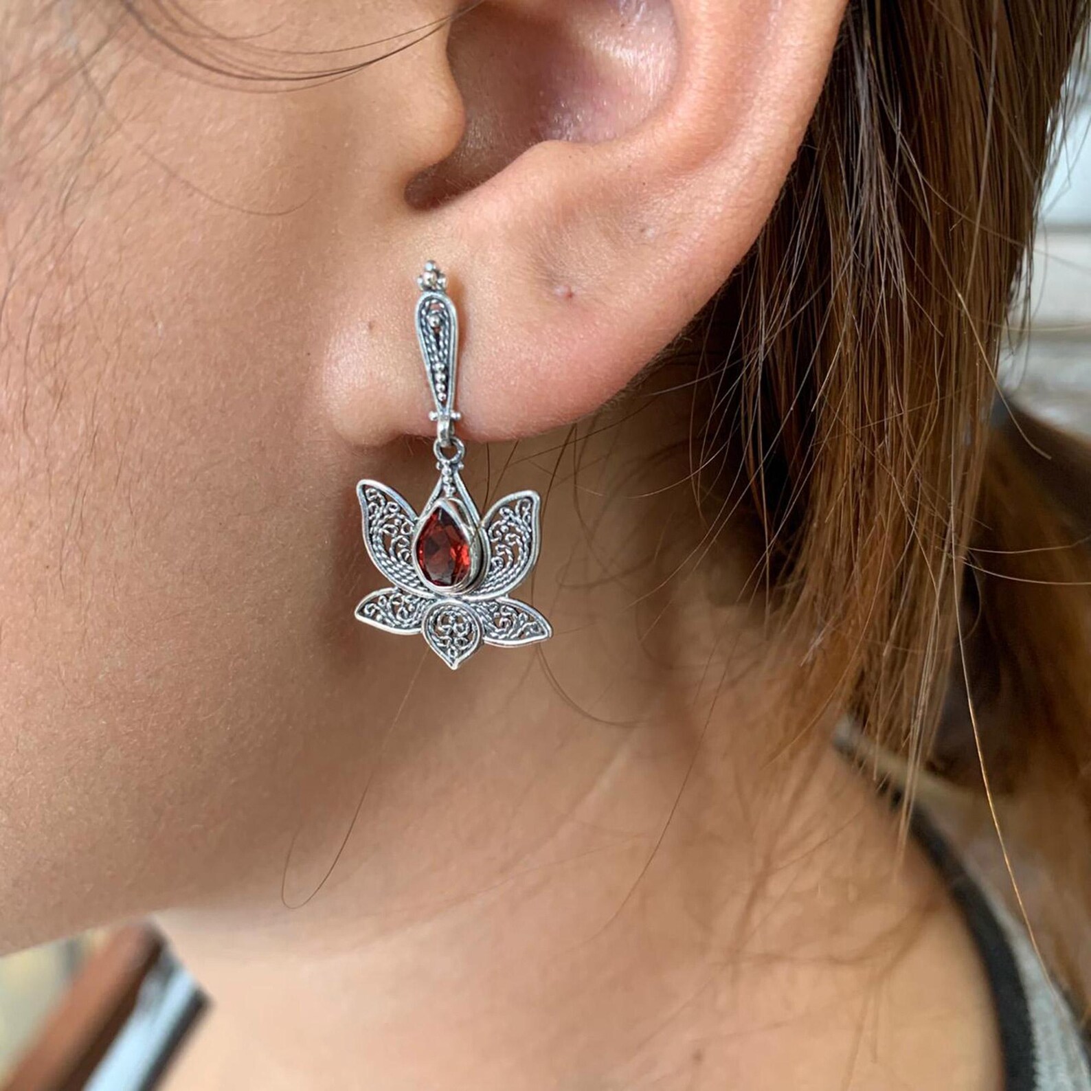 Bali Handmade Silver Filigree Lotus Earrings close up of Balinese sterling silver lotus filigree earrings