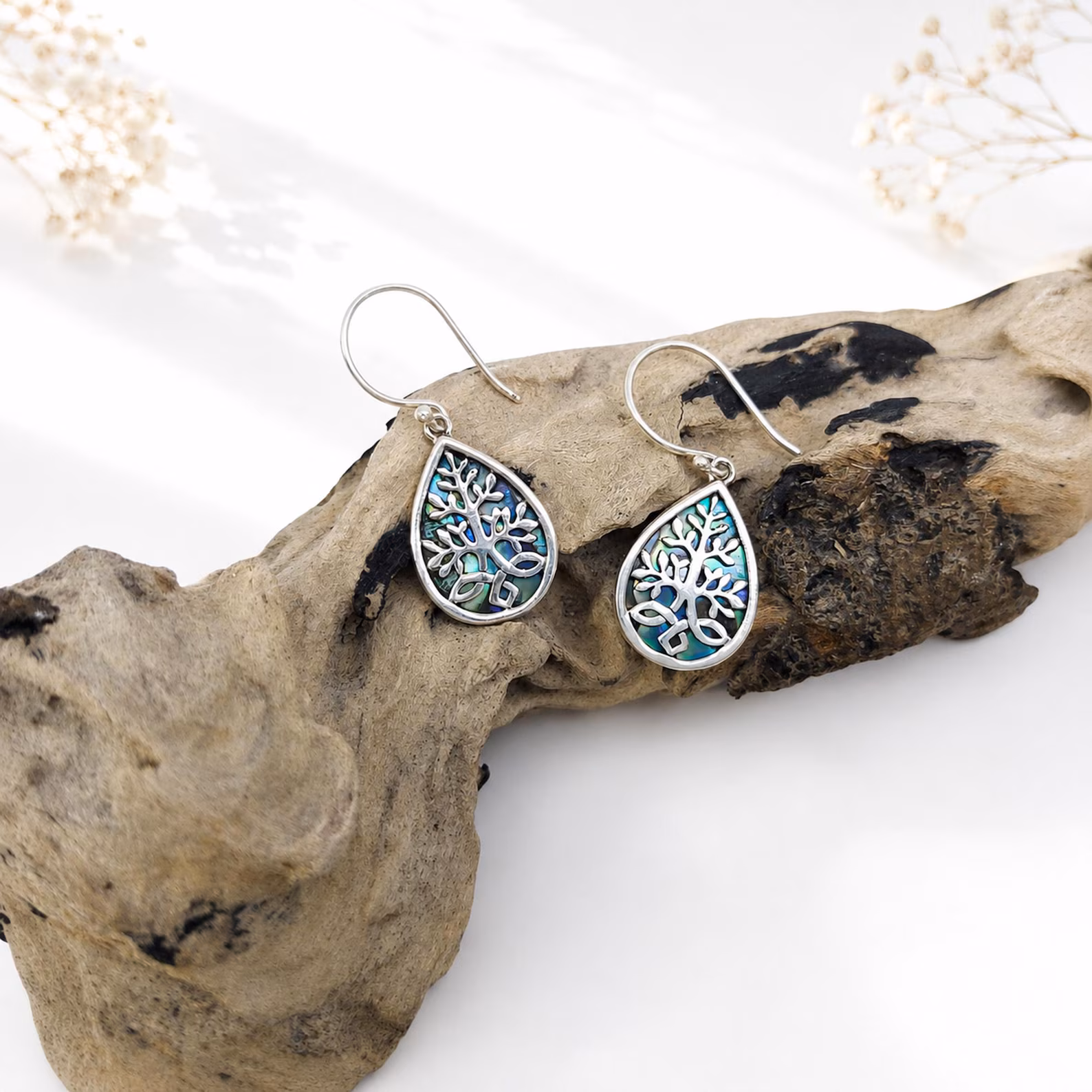 Balinese 925 Silver Teardrop Abalone Earrings Natural abalone shell Tree of Life silver earrings blue green purple