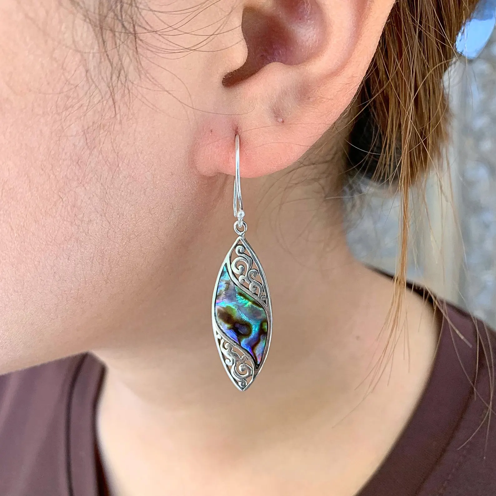 Balinese Filigree Sterling Silver Abalone Earrings Blue green turquoise purple abalone shell Bali silver earrings
