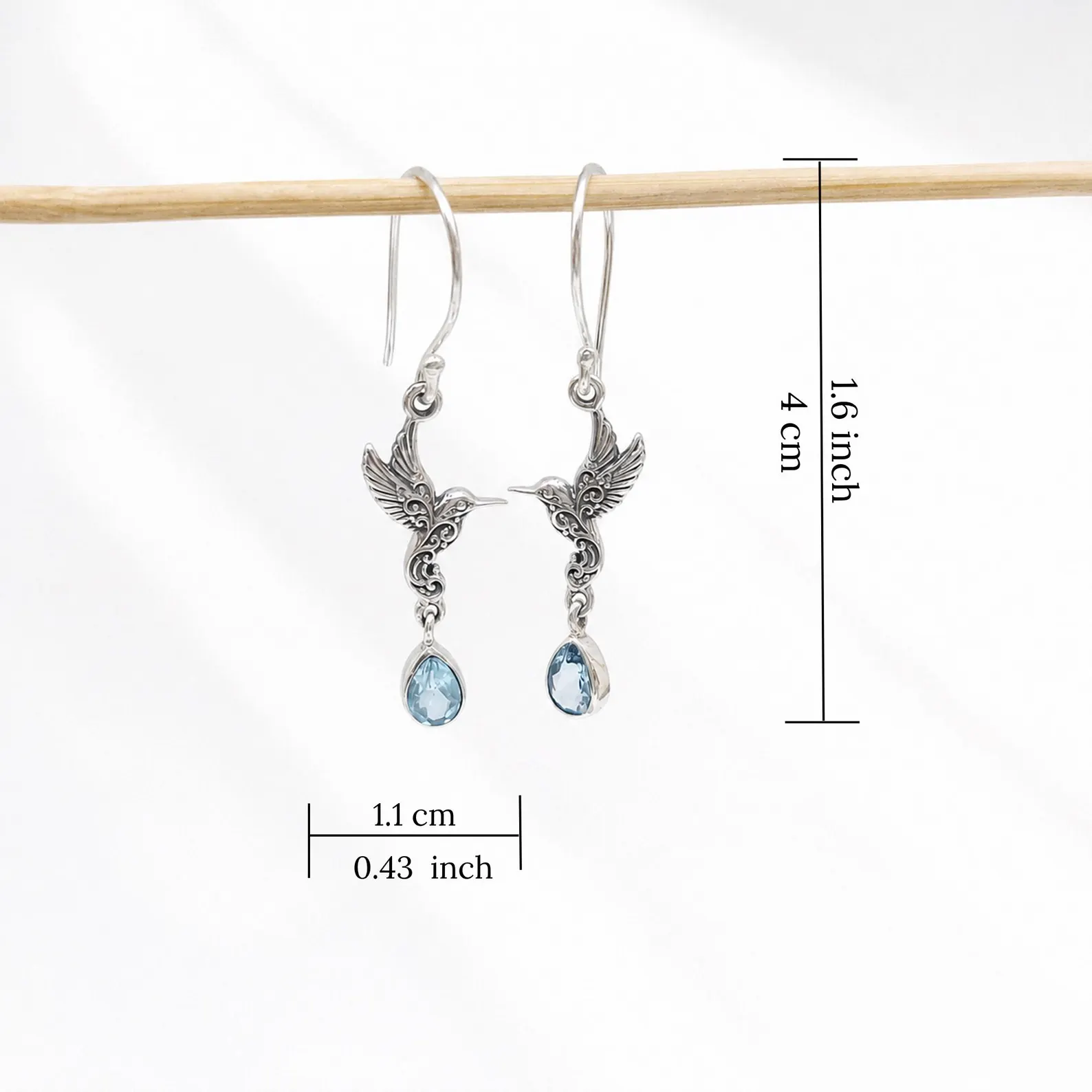 Balinese Hummingbird Silver Earrings Detailed Design hummingbird gemstone dangle earrings handmade in Bali