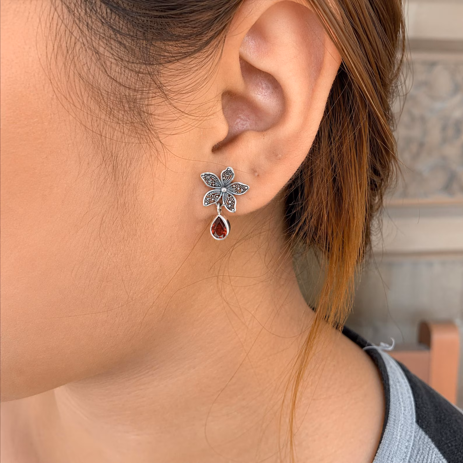 Balinese Oxidized Silver Flower Gemstone Earrings Handmade Balinese flower sterling silver dangle earrings