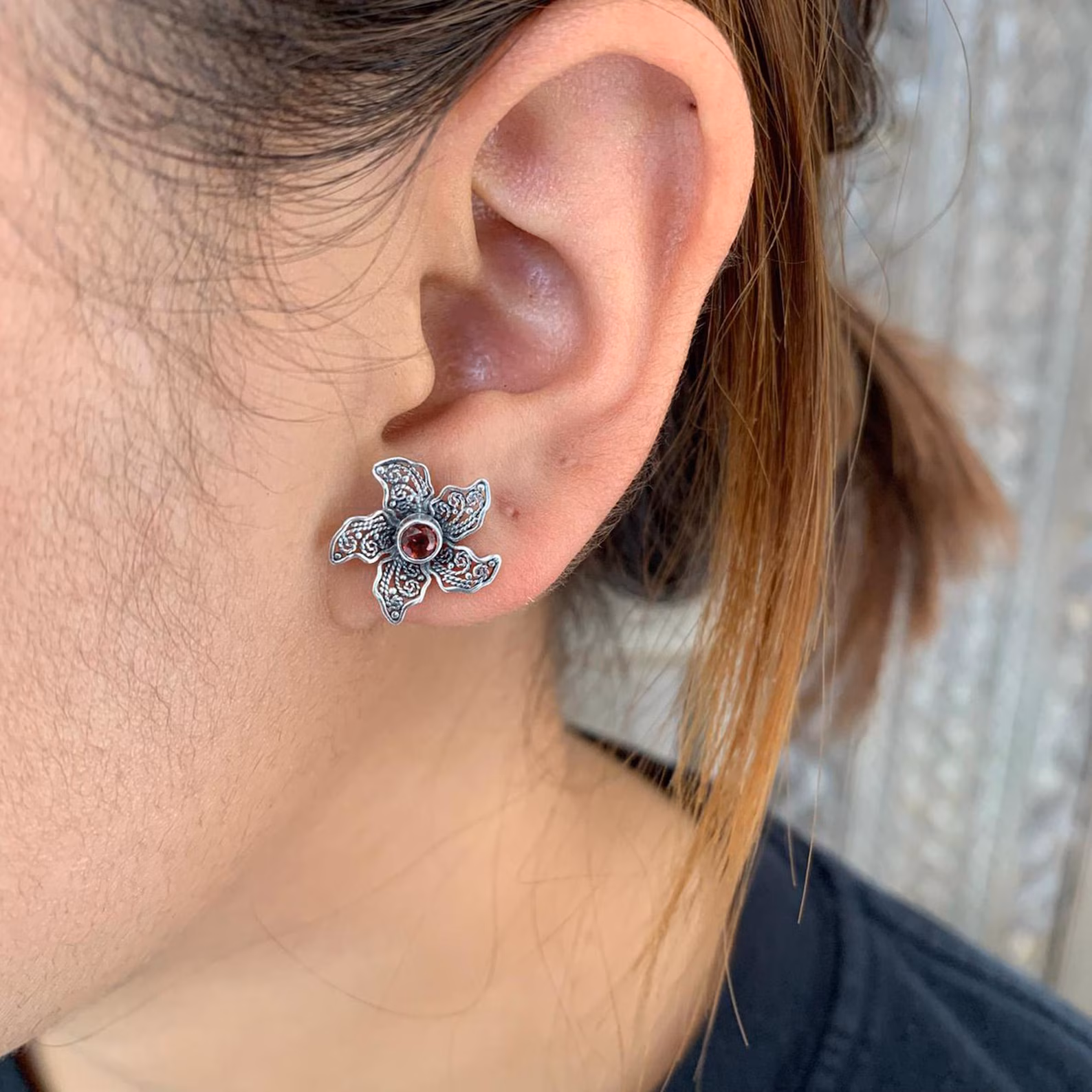 Balinese Oxidized Silver Flower Gemstone Earrings Handmade Bali five petal sterling silver flower earrings