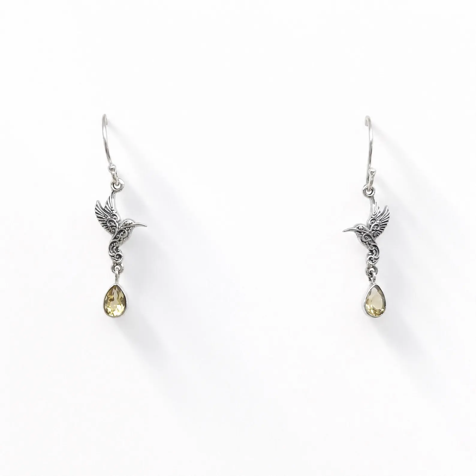 Balinese Sterling Silver Hummingbird Earrings Close Up 925 sterling silver bird earrings with Balinese detailing