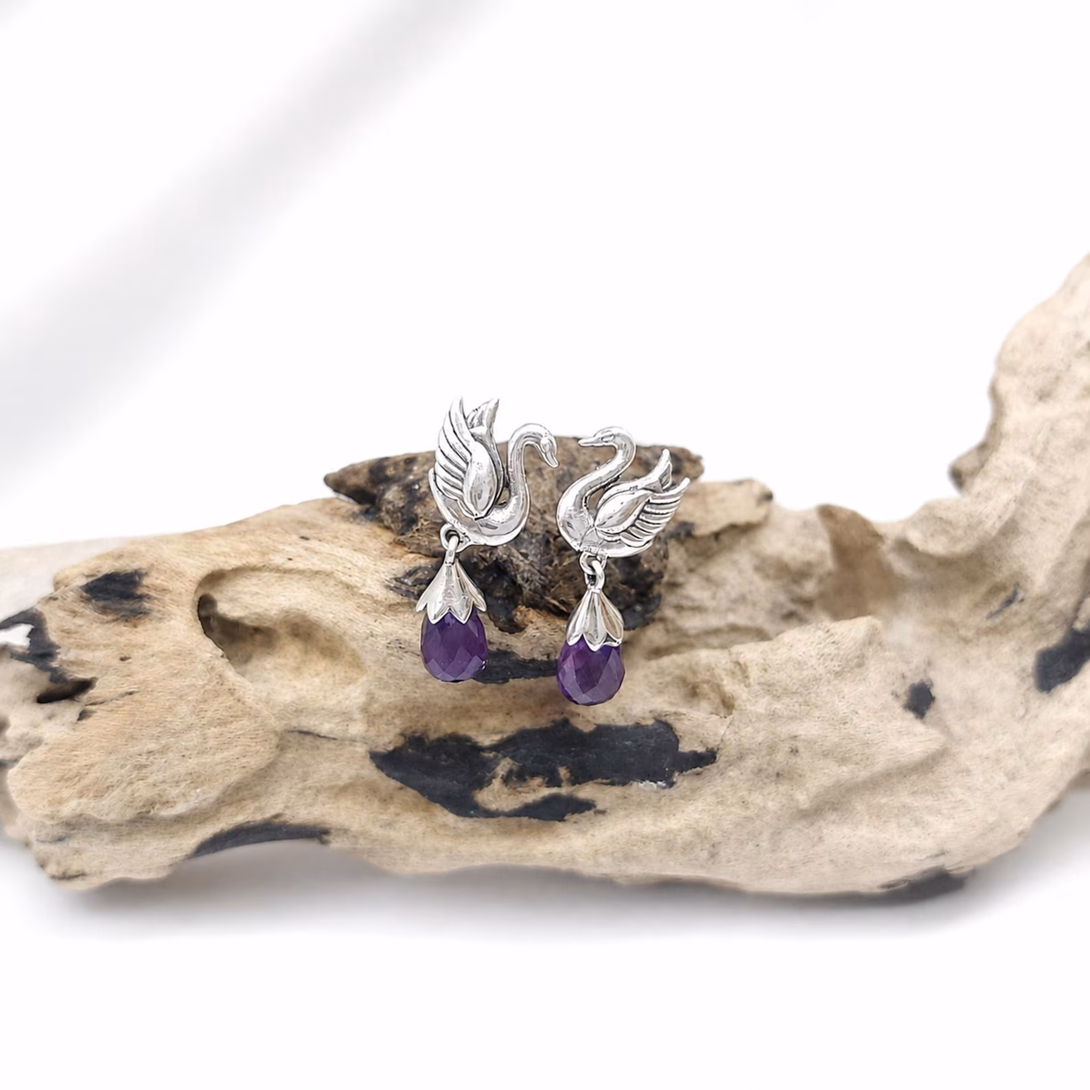 Balinese Sterling Silver Swan Earrings Purple Amethyst Handmade Bali 925 silver swan dangle earrings