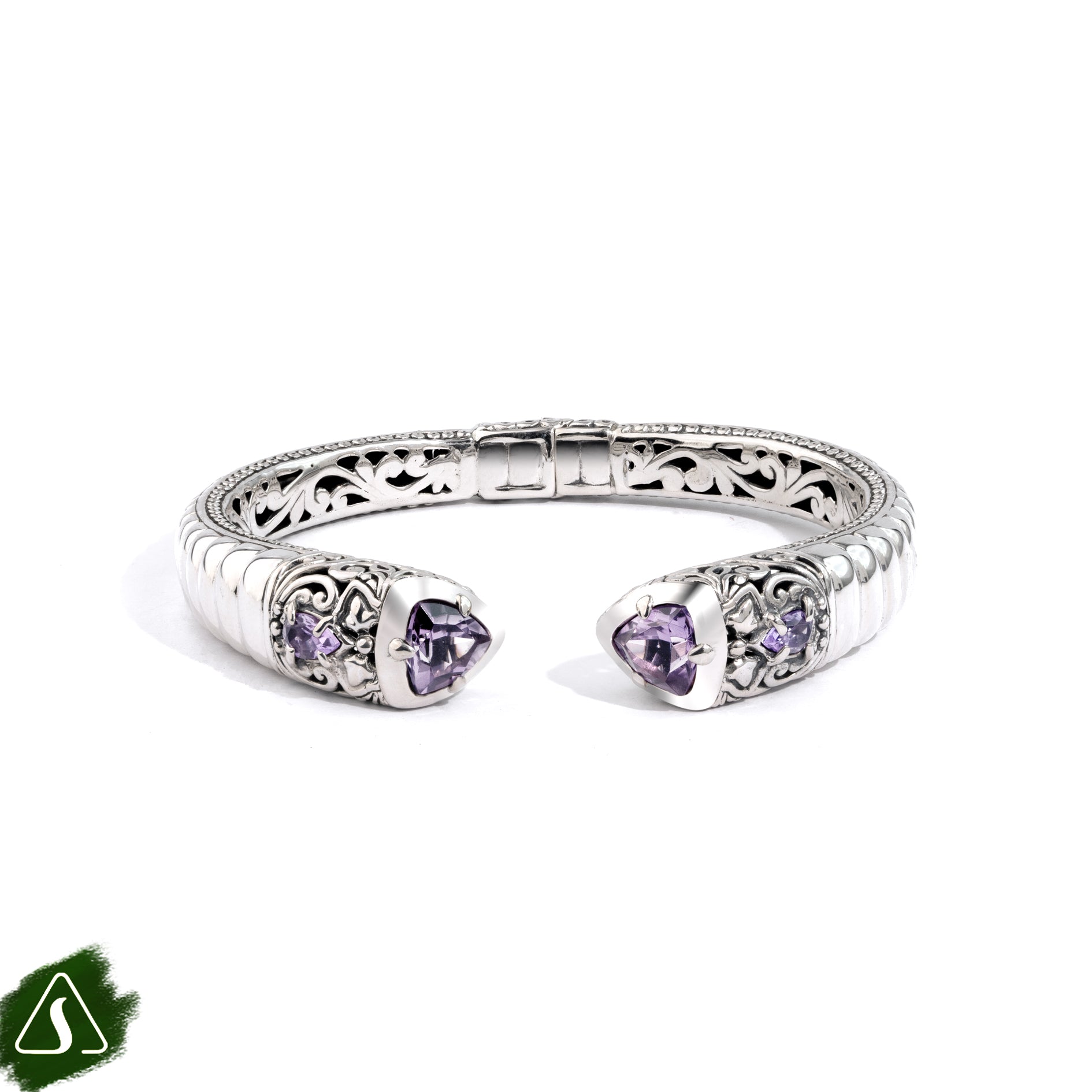 Balinese Sterling Silver Amethyst Open Cuff Bracelet Balinese sterling silver open cuff bracelet with purple amethyst gemstones