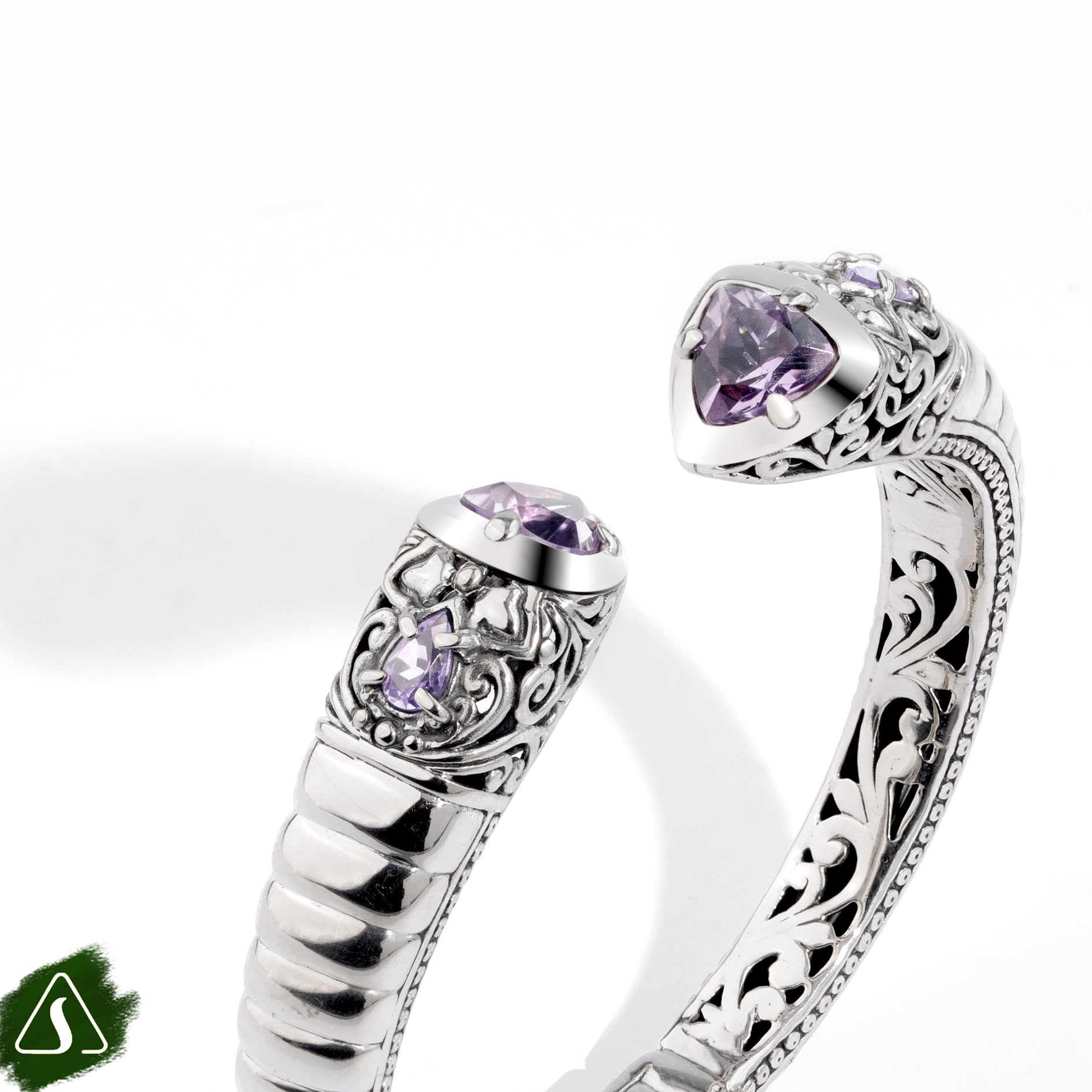 Handcrafted 925 Sterling Silver Open Cuff Bracelet with Amethyst handcrafted 925 sterling silver open cuff bracelet with faceted amethyst