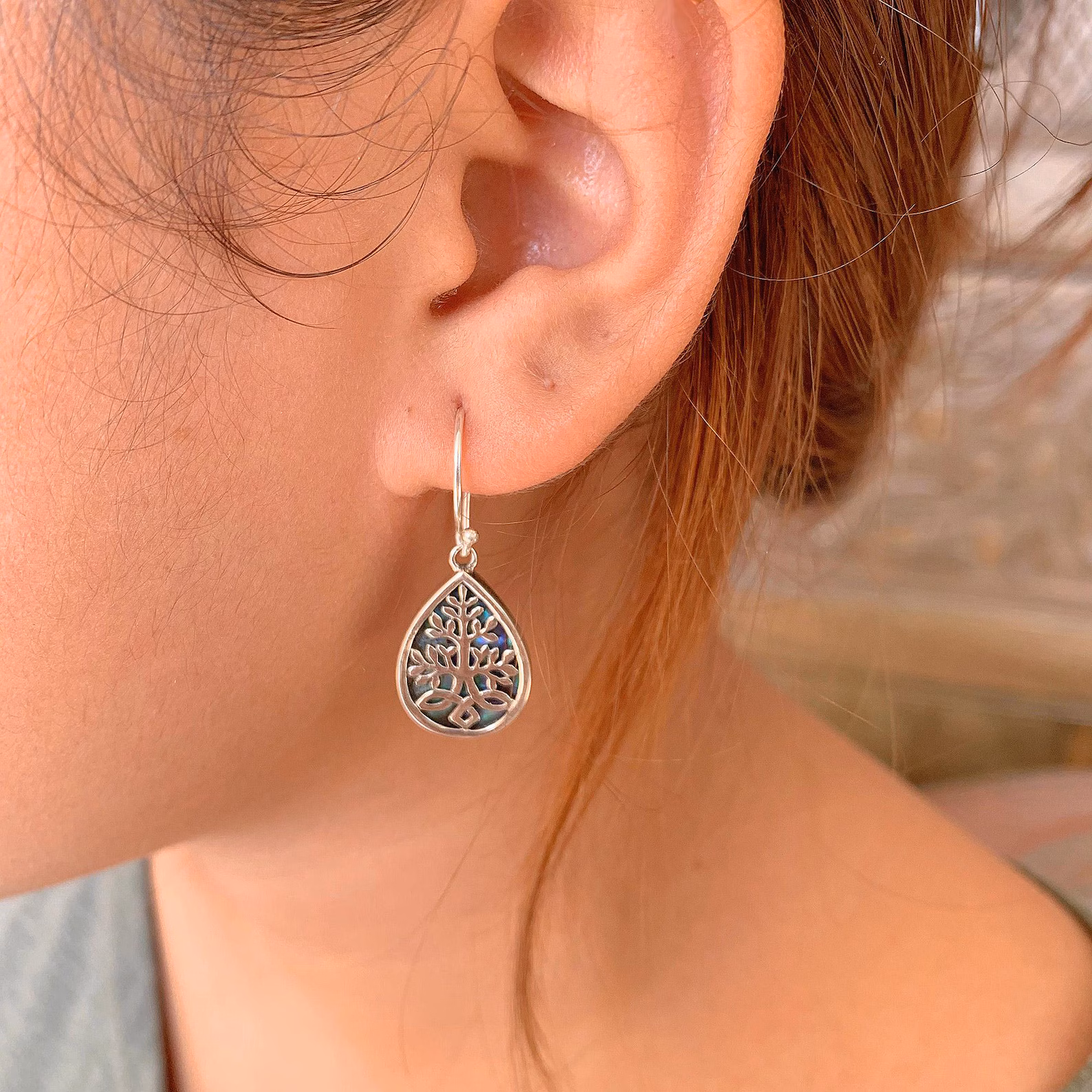 Blue Green Purple Abalone Shell Sterling Silver Earrings Balinese 925 sterling silver teardrop abalone earrings