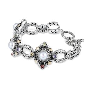 Balinese silver bracelet featuring pearls, amethyst, garnet, citrine, peridot, and gold-plated accents
