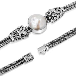 sterling silver frog carved chain bracelet with white mabe pearl