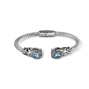 Handcrafted 925 sterling silver twisted rope cuff bracelet with octopus head details and Swiss blue topaz gemstones