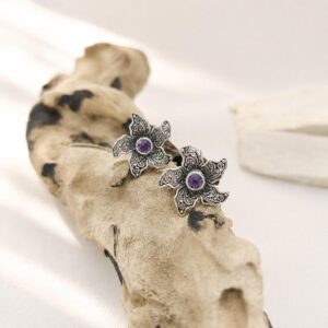 Balinese oxidized silver flower earrings with gemstone