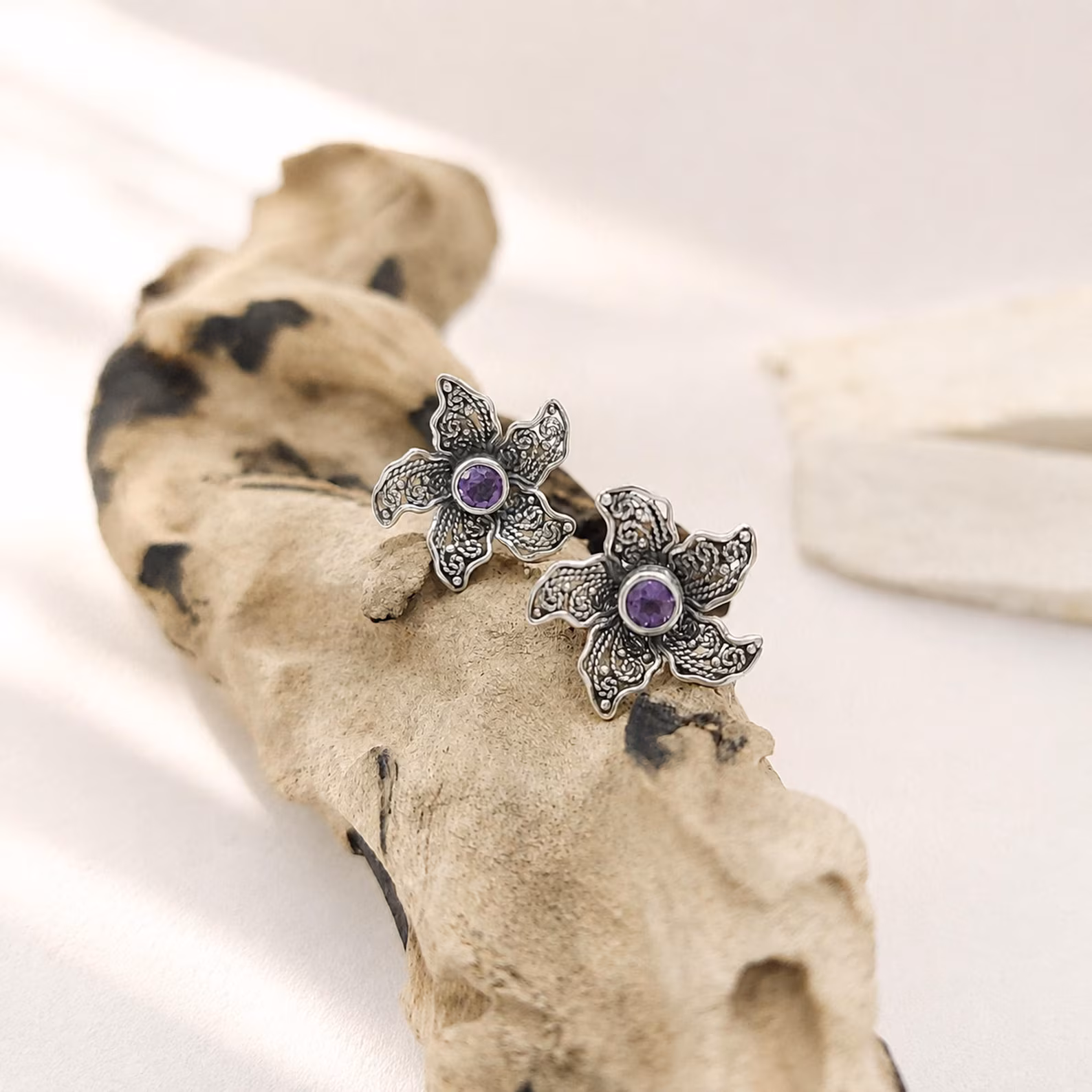 Colorful Gemstone 925 Silver Flower Earrings Bali Balinese oxidized silver flower earrings with gemstone