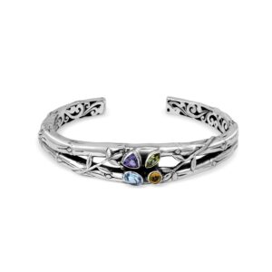 Bamboo Essence open cuff bracelet in 925 sterling silver with sculpted bamboo stalks and four colorful gemstones