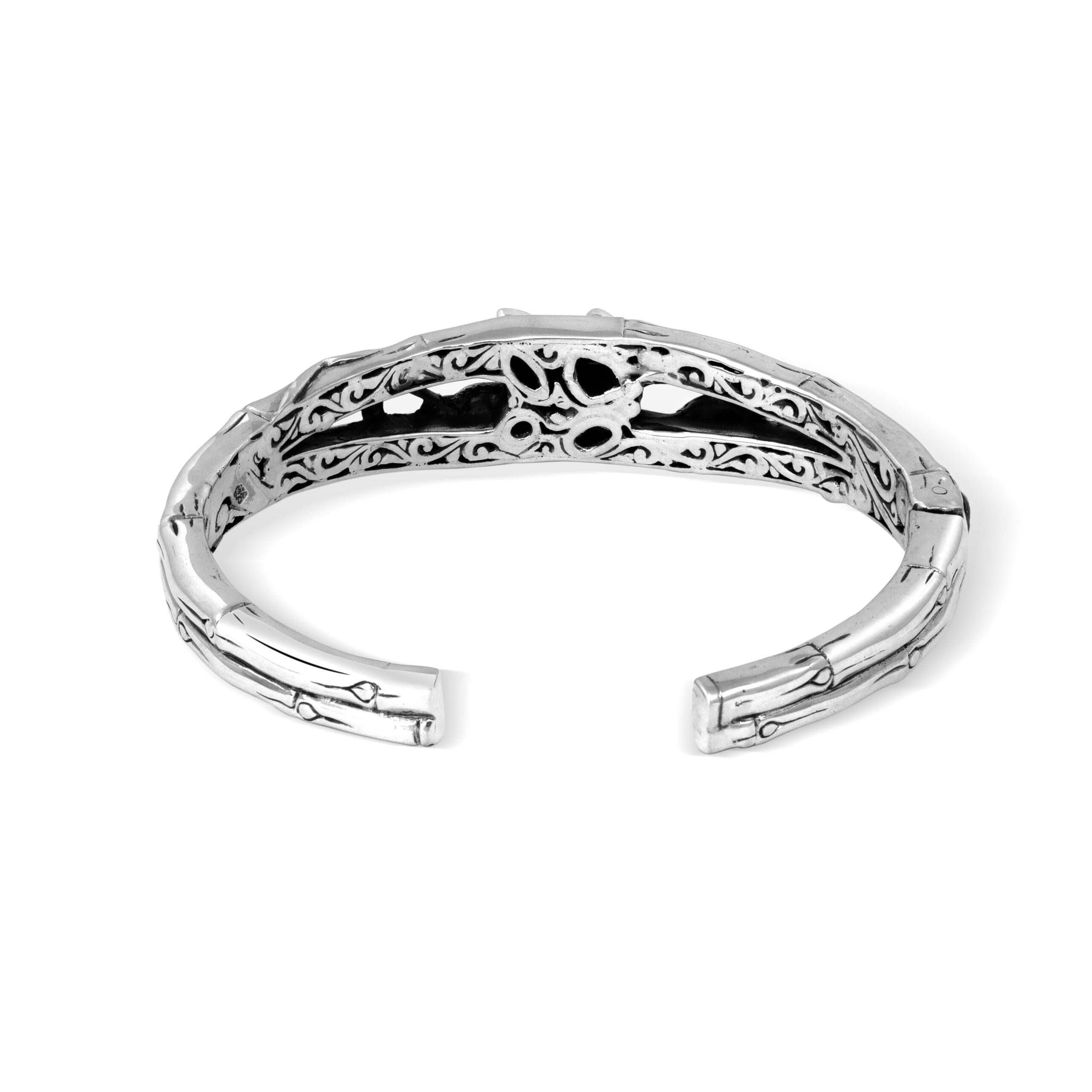 Bamboo Essence Multistone Sterling Silver Cuff Bracelet Bamboo Essence open cuff bracelet in 925 sterling silver with sculpted bamboo stalks and four colorful gemstones