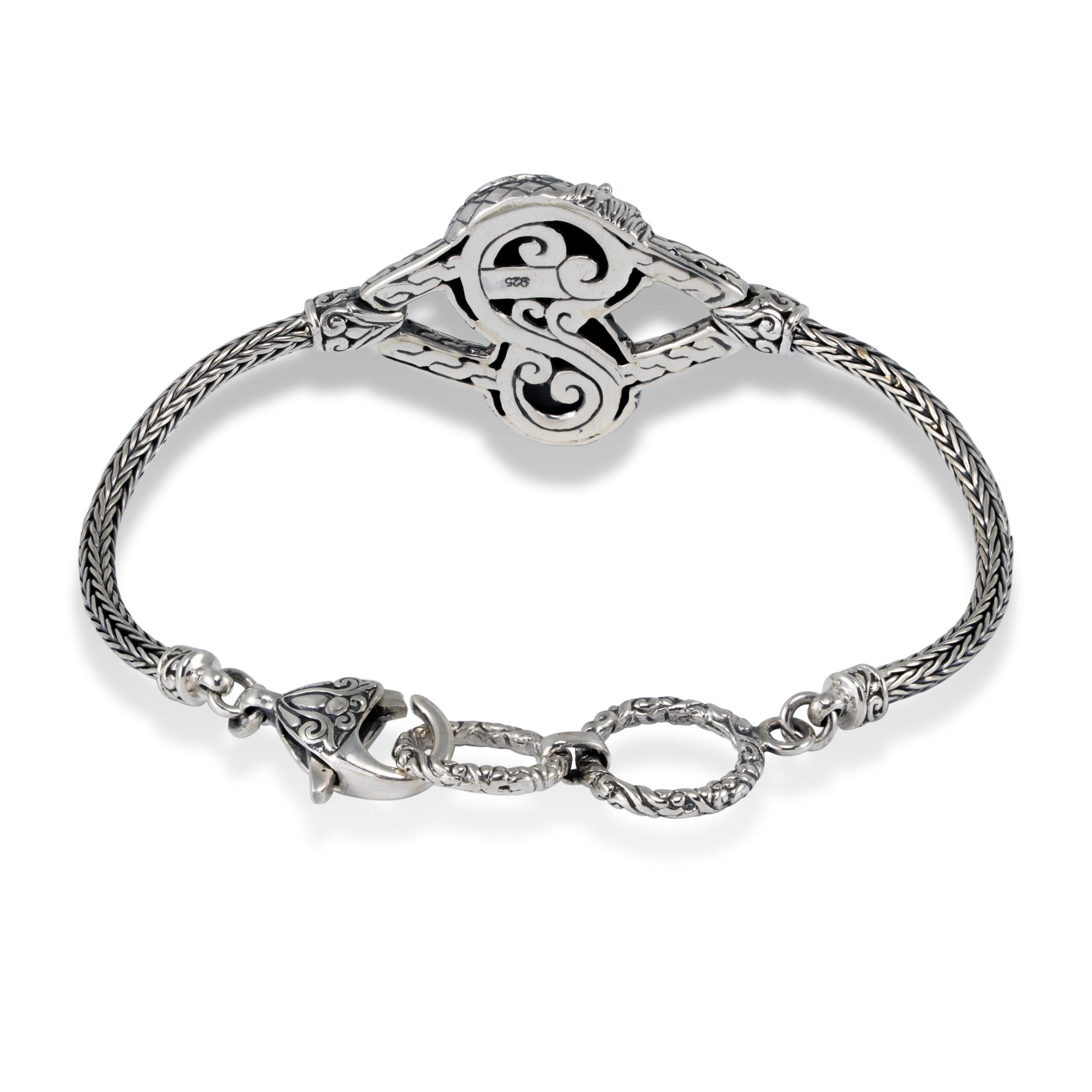 Handmade Balinese Dragon Silver Bracelet with Braided Chain handmade Balinese dragon silver bracelet with detailed ornamental design