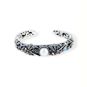 Balinese 925 sterling silver dragonfly cuff bracelet with white pearl
