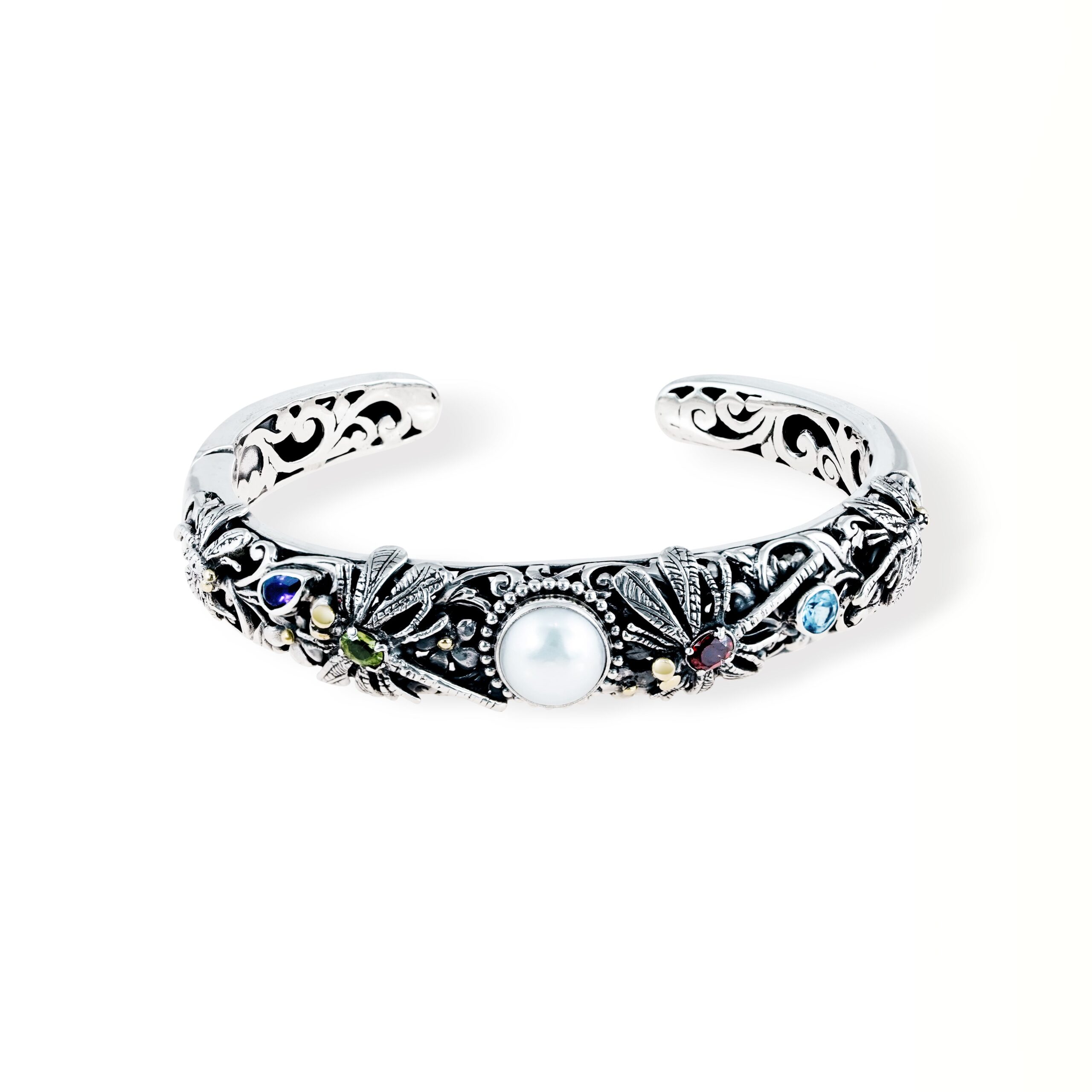 Balinese Sterling Silver Dragonfly Cuff Bracelet with Pearl Balinese 925 sterling silver dragonfly cuff bracelet with white pearl