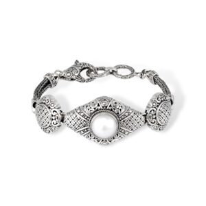 woven sterling silver bracelet with smooth round pearl centerpiece