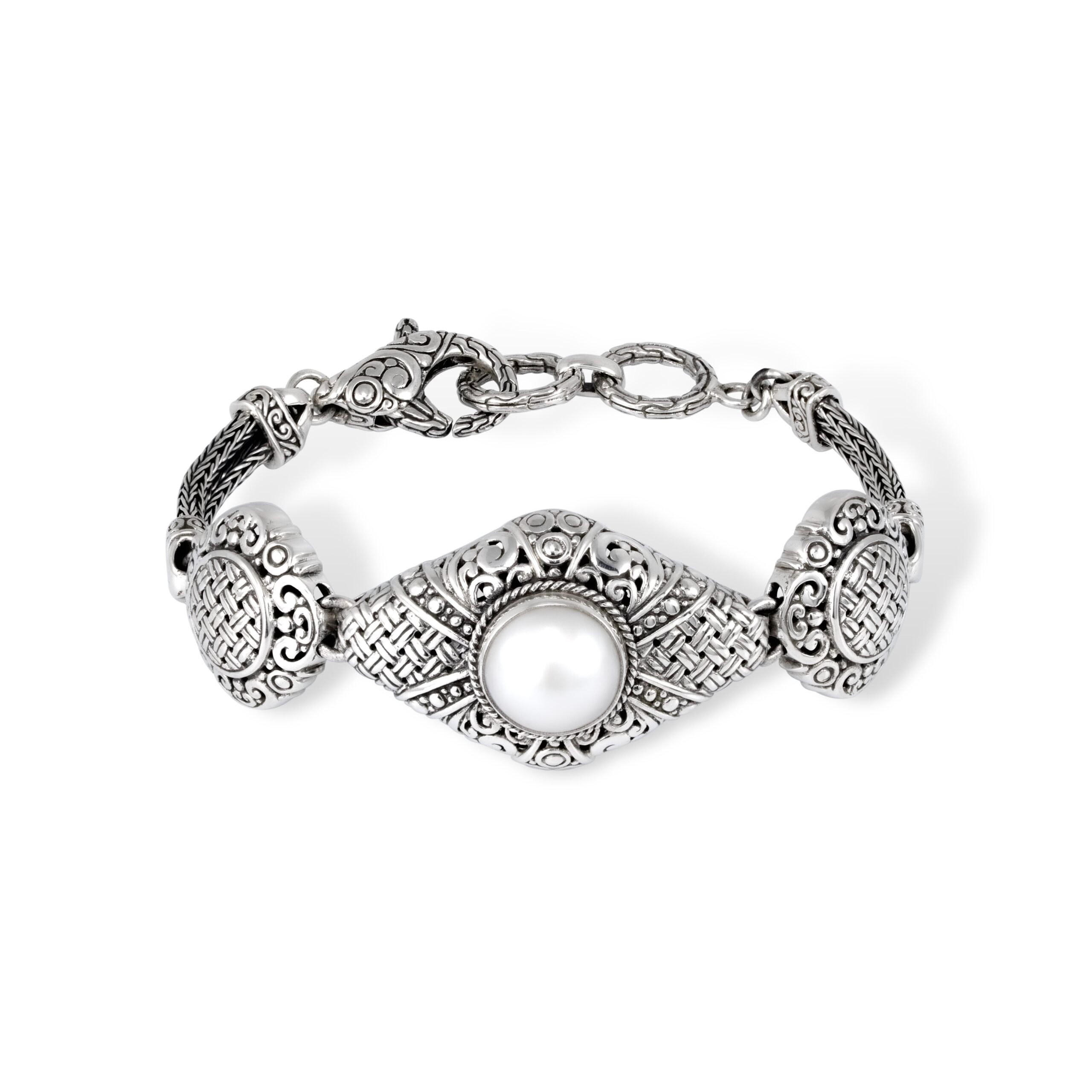 Woven Sterling Silver Bracelet with Round Pearl woven sterling silver bracelet with smooth round pearl centerpiece