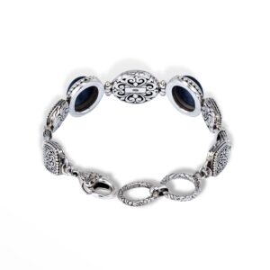 detailed blue kyanite gemstones and Balinese silverwork on bracelet