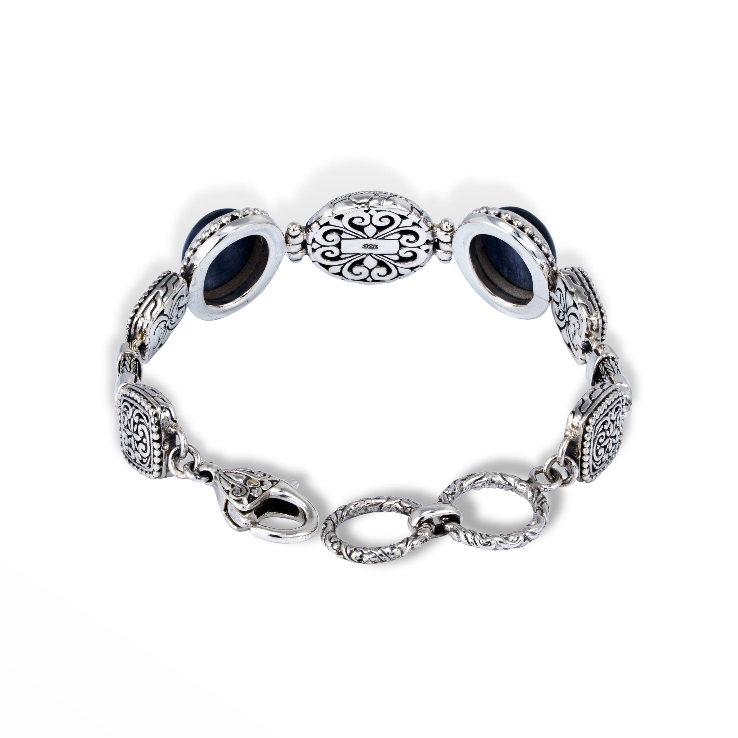 Blue Kyanite Balinese Silver Bracelet Detail detailed blue kyanite gemstones and Balinese silverwork on bracelet