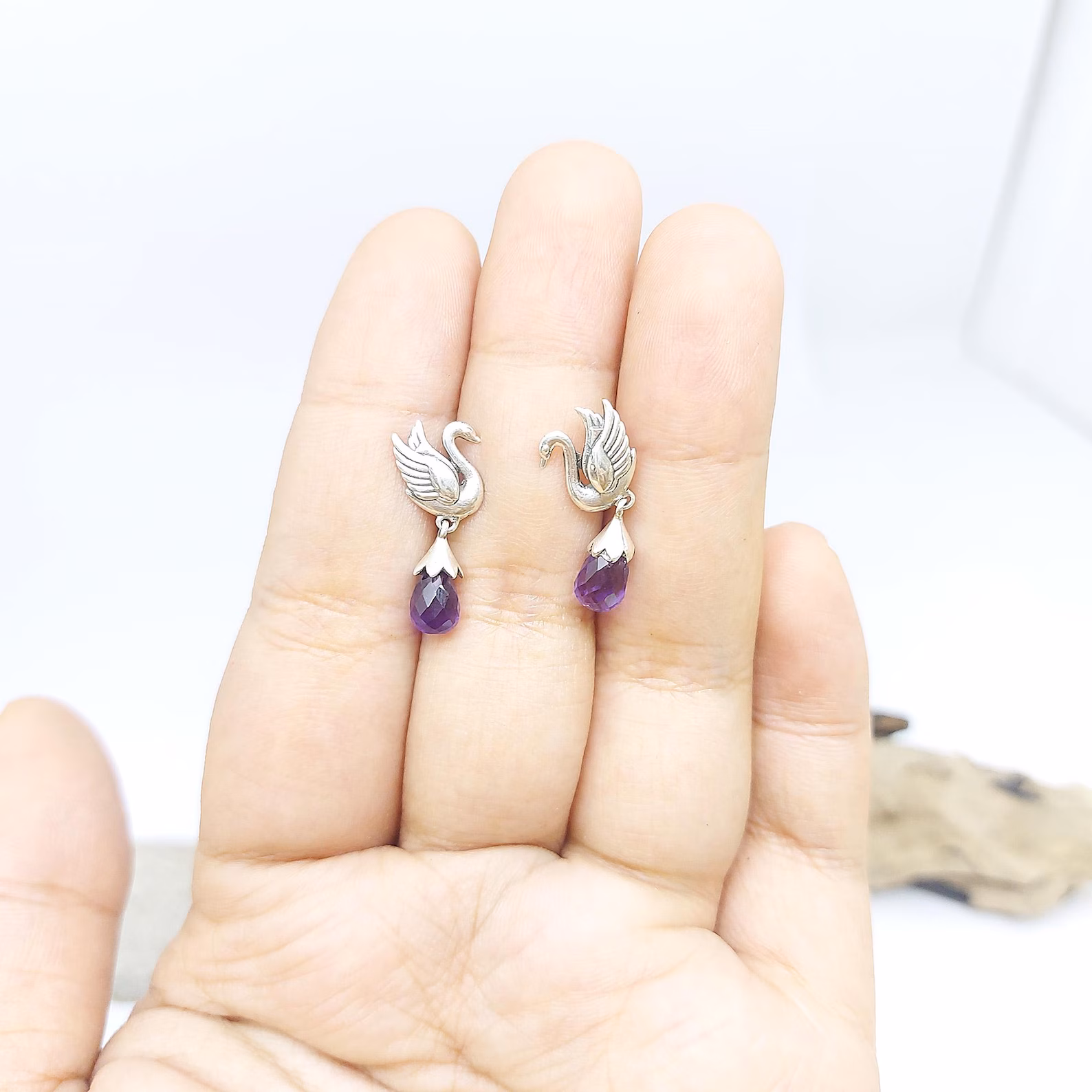 Faceted Teardrop Amethyst Bali Silver Earrings Balinese sterling silver swan earrings with purple amethyst