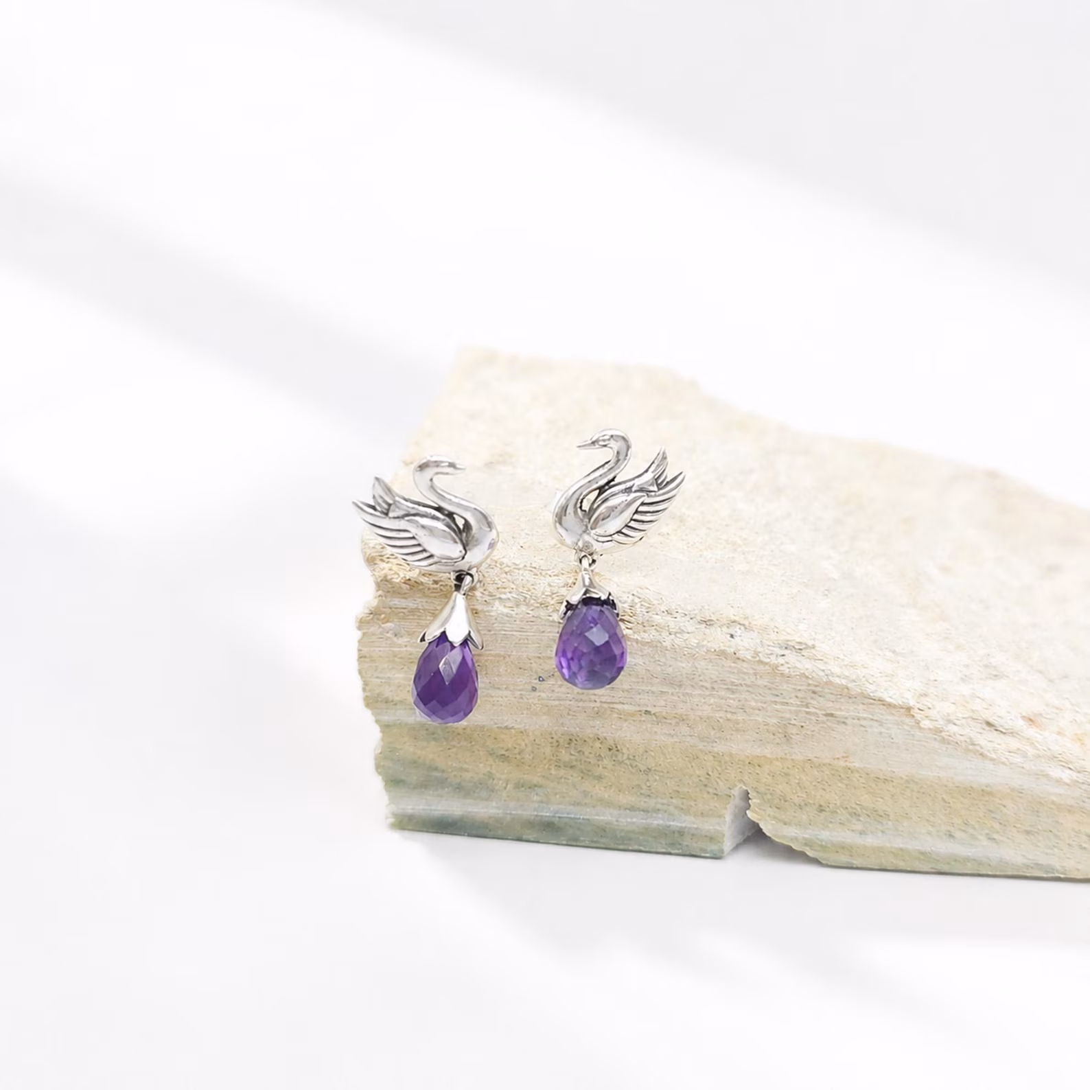 Genuine Amethyst Teardrop Sterling Silver Swan Earrings Faceted teardrop amethyst Bali sterling silver earrings