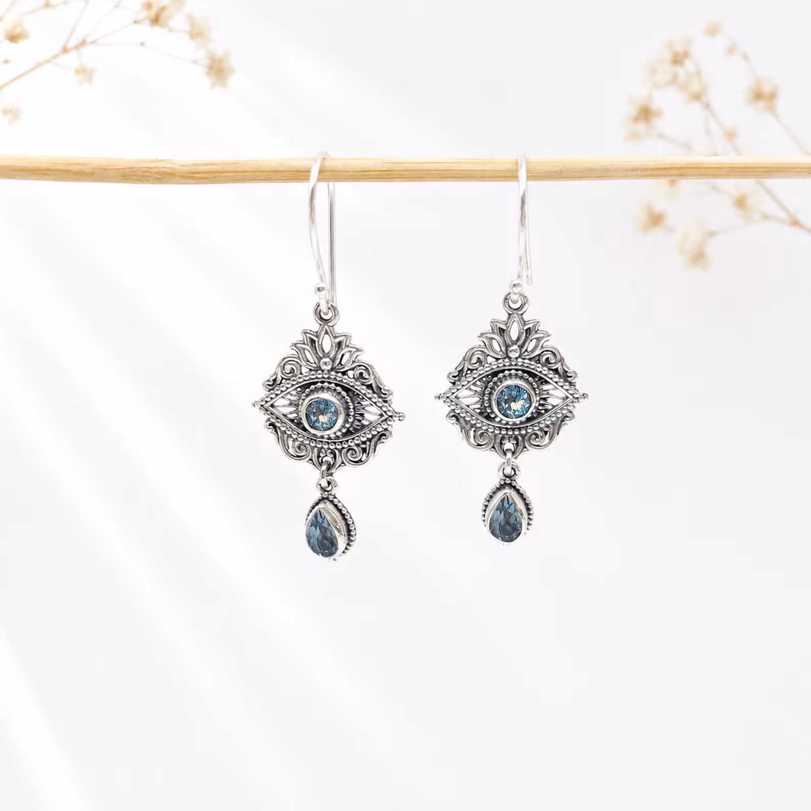 Genuine Gemstone 925 Silver Dewi Lotus Earrings Ornate Balinese silver gemstone earrings close up