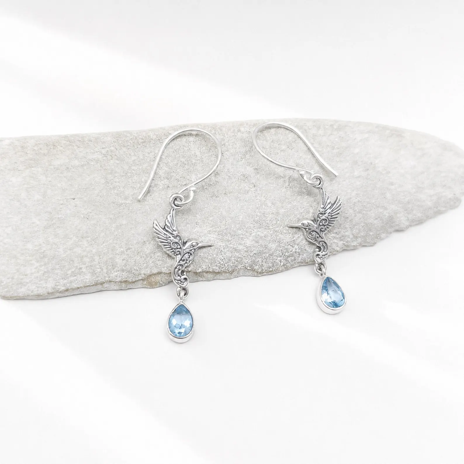 Genuine Gemstone Hummingbird Earrings Handmade Bali detailed handmade Balinese hummingbird silver earrings