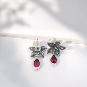 Genuine teardrop gemstone 925 silver flower earrings
