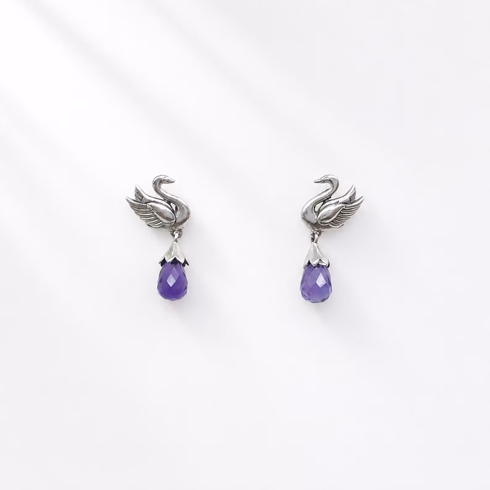 Handmade Bali 925 Silver Swan Dangle Earrings Handmade swan amethyst gemstone earrings from Bali Indonesia