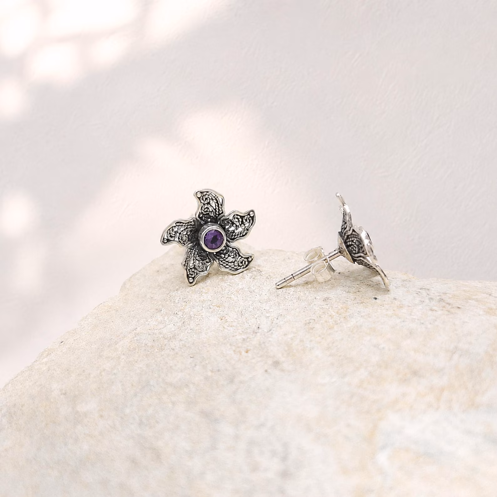 Handmade Bali Five Petal Sterling Silver Earrings 925 sterling silver botanical flower stud earrings close up
