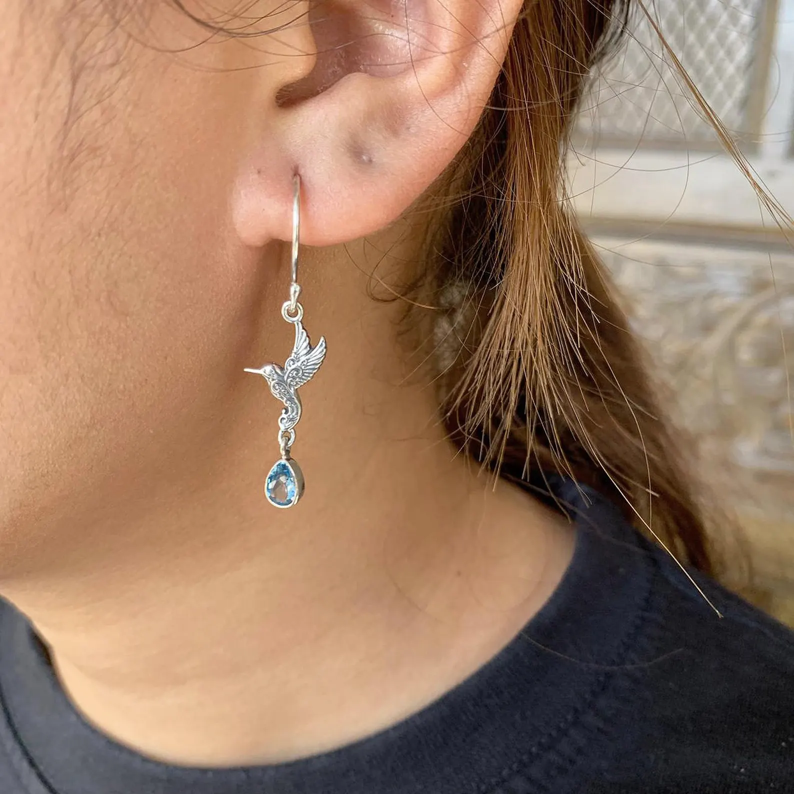 Handmade Bali Hummingbird Dangle Earrings sterling silver hummingbird jewelry with genuine gemstone