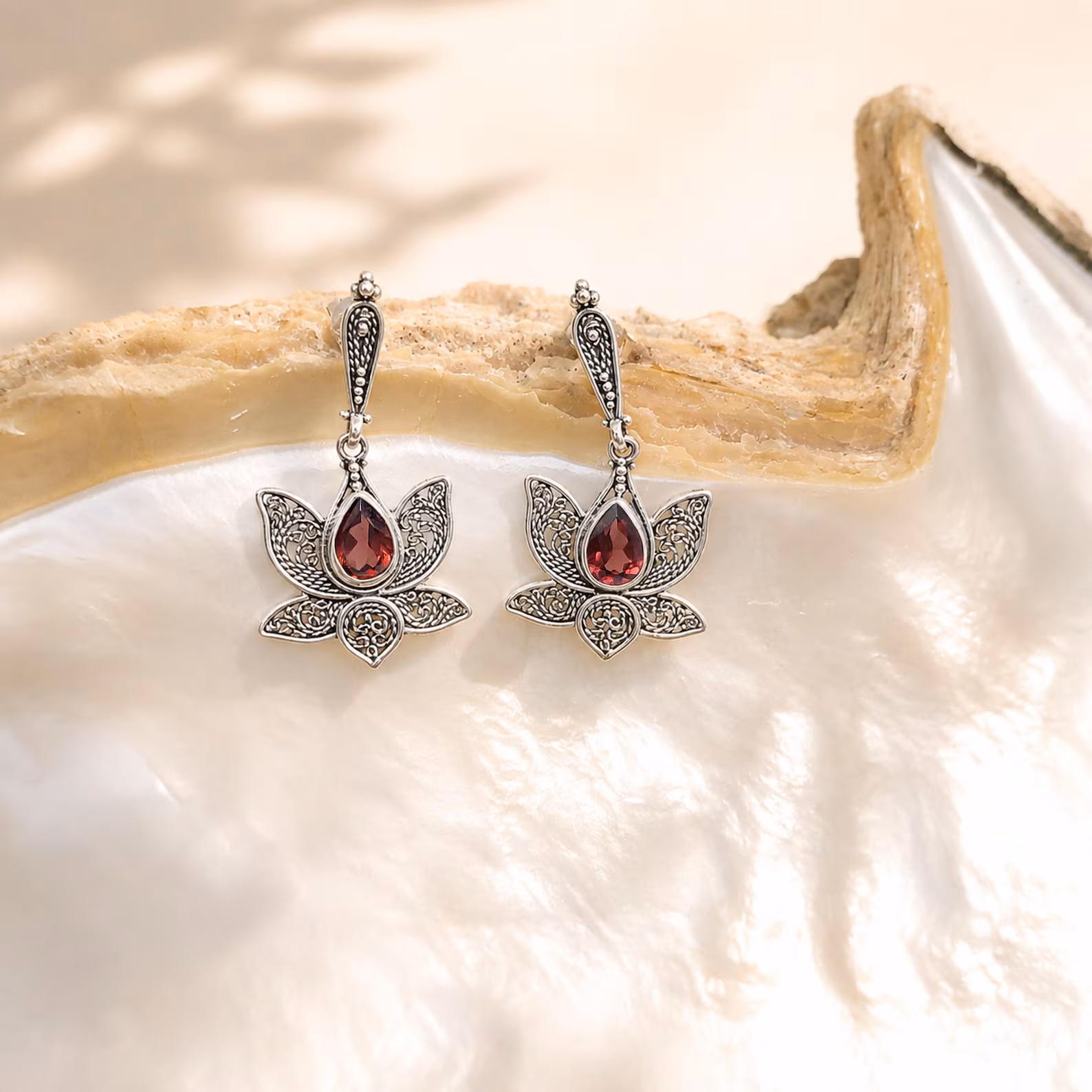 Handmade Bali Lotus Earrings with Teardrop Gemstone 925 sterling silver lotus flower earrings with gemstone