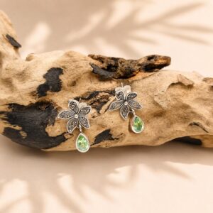 Balinese oxidized silver flower earrings with gemstone