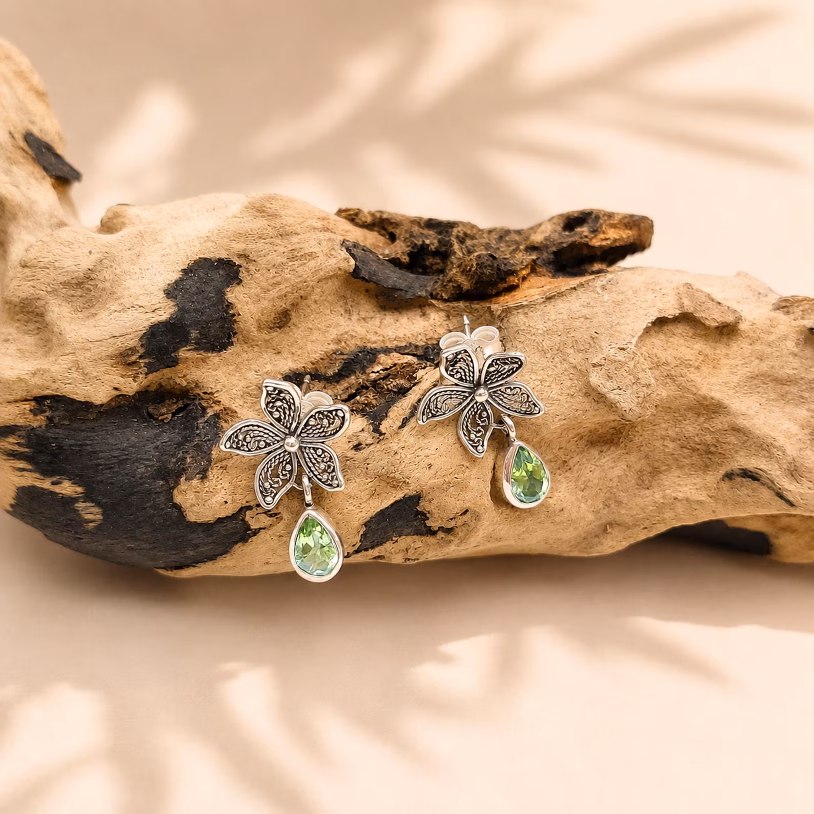 Handmade Bali Silver Earrings with Genuine Gemstone Balinese oxidized silver flower earrings with gemstone