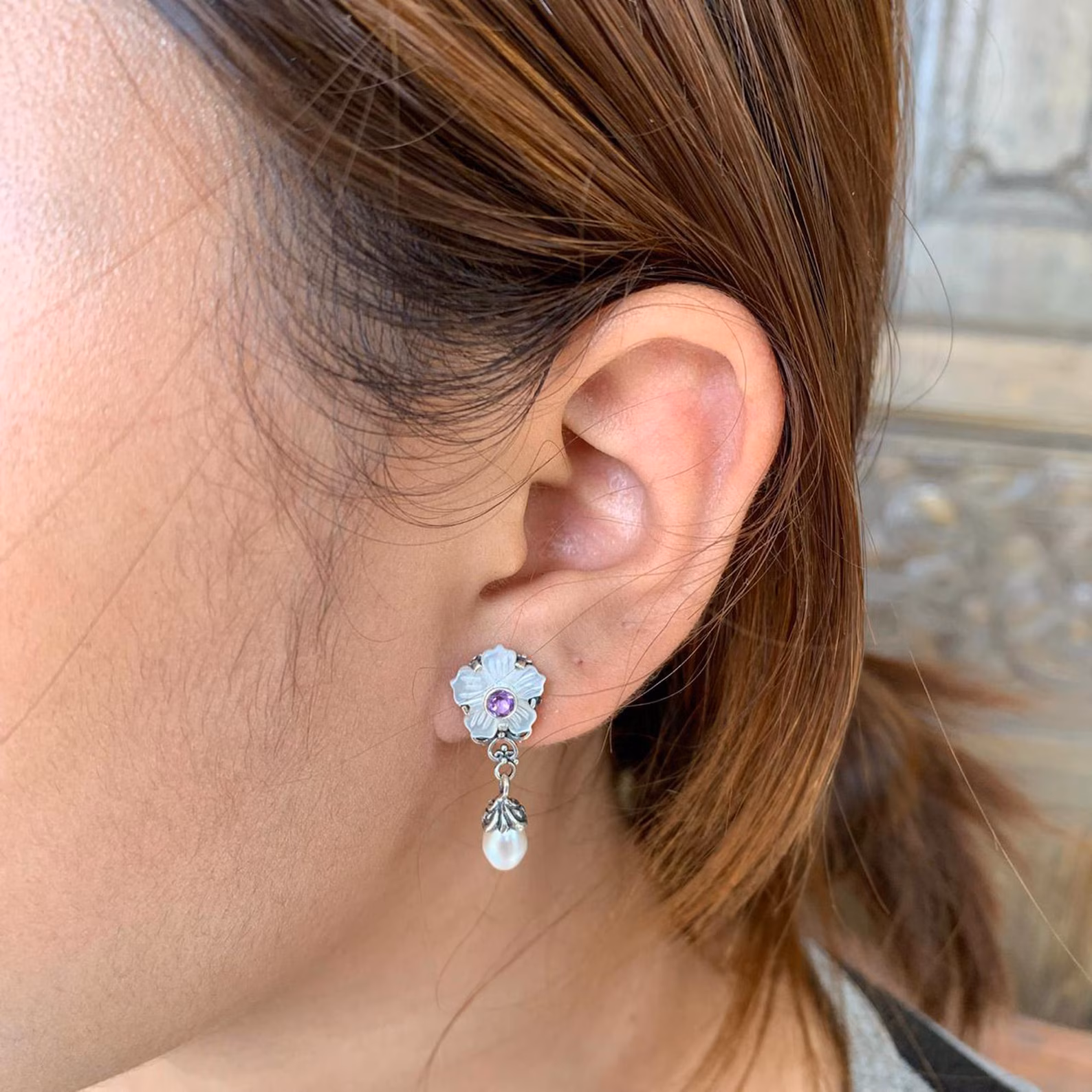 Handmade Bali Silver Flower Earrings with Natural Pearl 925 sterling silver flower earrings with gemstone center