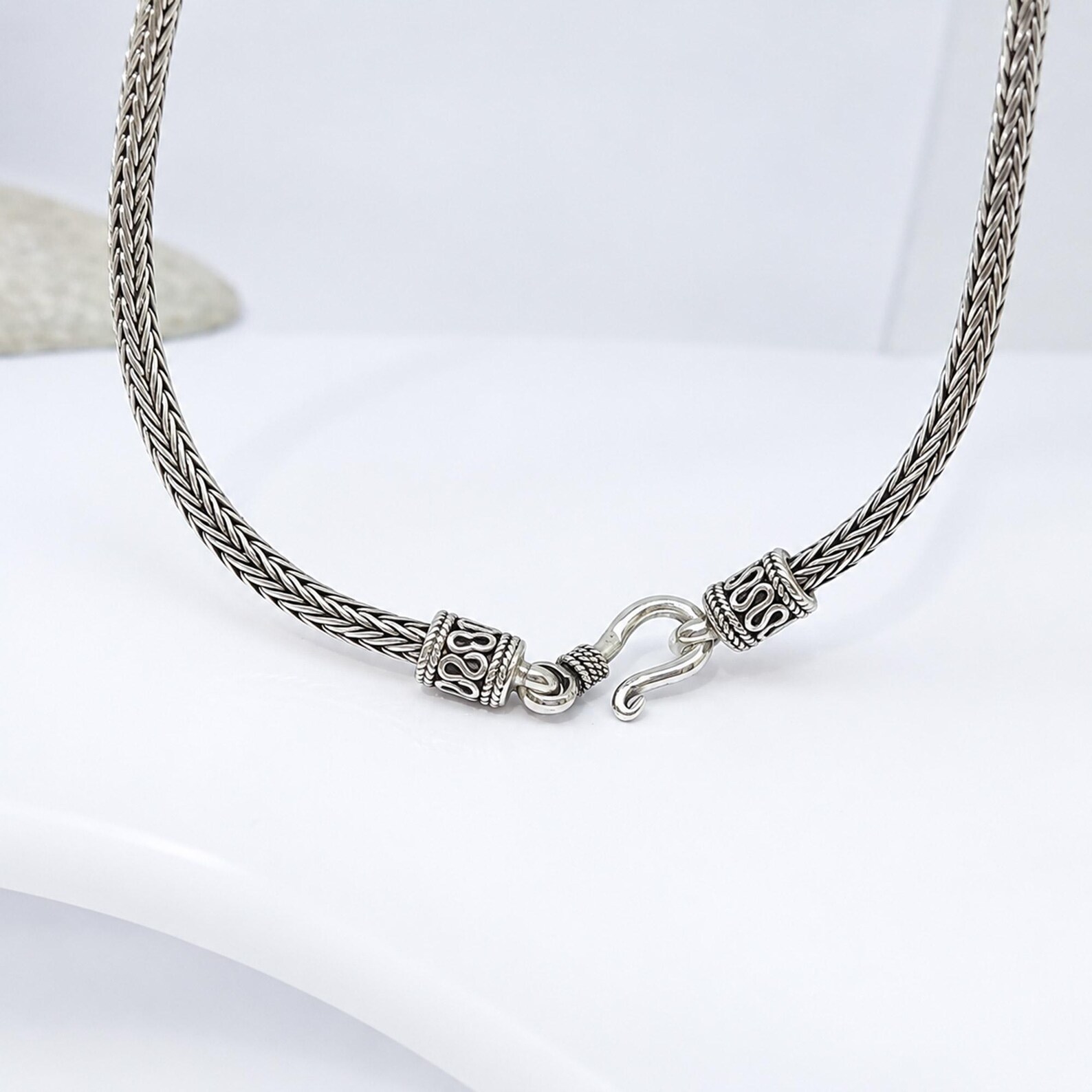 Handmade Bali Sterling Silver Braided Chain Close Up Handmade Bali sterling silver braided chain necklace close up