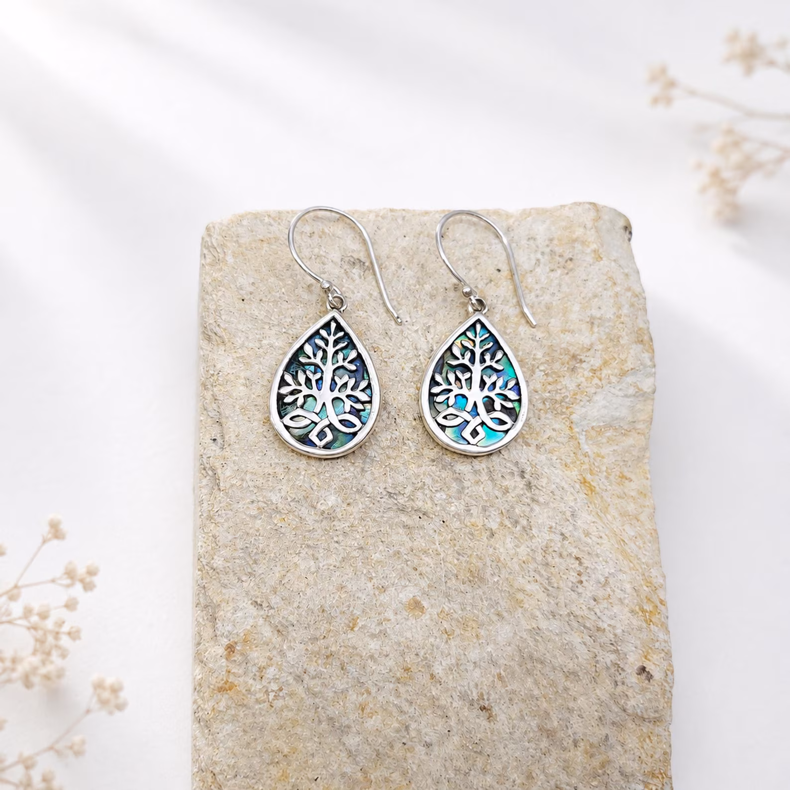 Handmade Bali Tree of Life Sterling Silver Dangle Earrings Handmade Tree of Life abalone shell earrings from Bali Indonesia