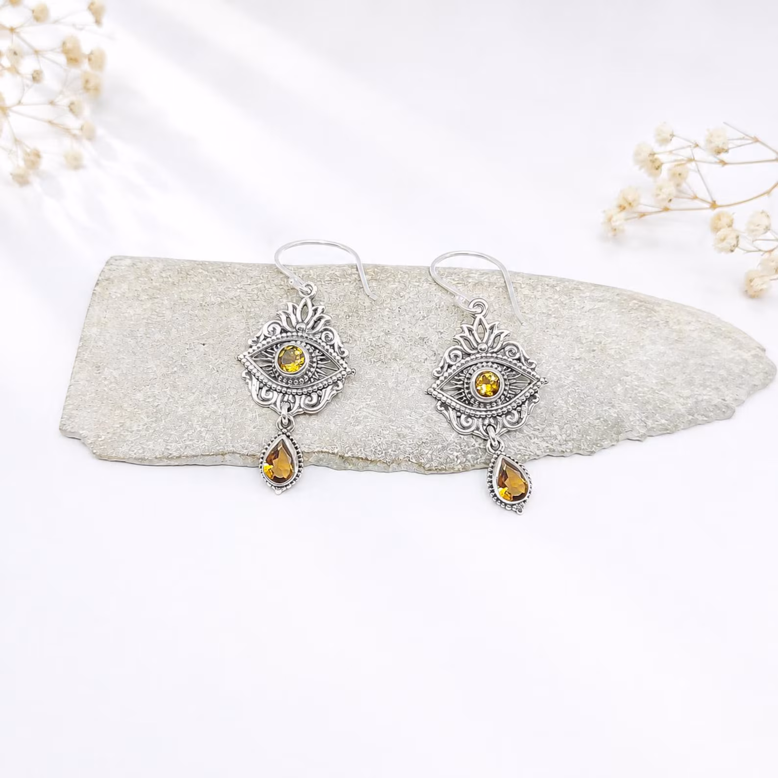 Handmade Balinese Lotus Sterling Silver Dangle Earrings Bali artisan lotus gemstone dangle jewelry