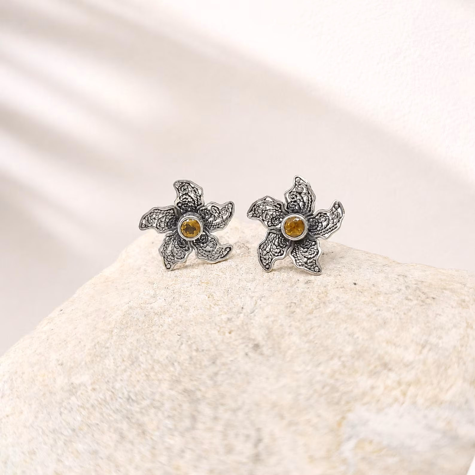 Handmade Balinese Sterling Silver Botanical Stud Earrings Balinese artisan flower sterling silver earrings detailed design