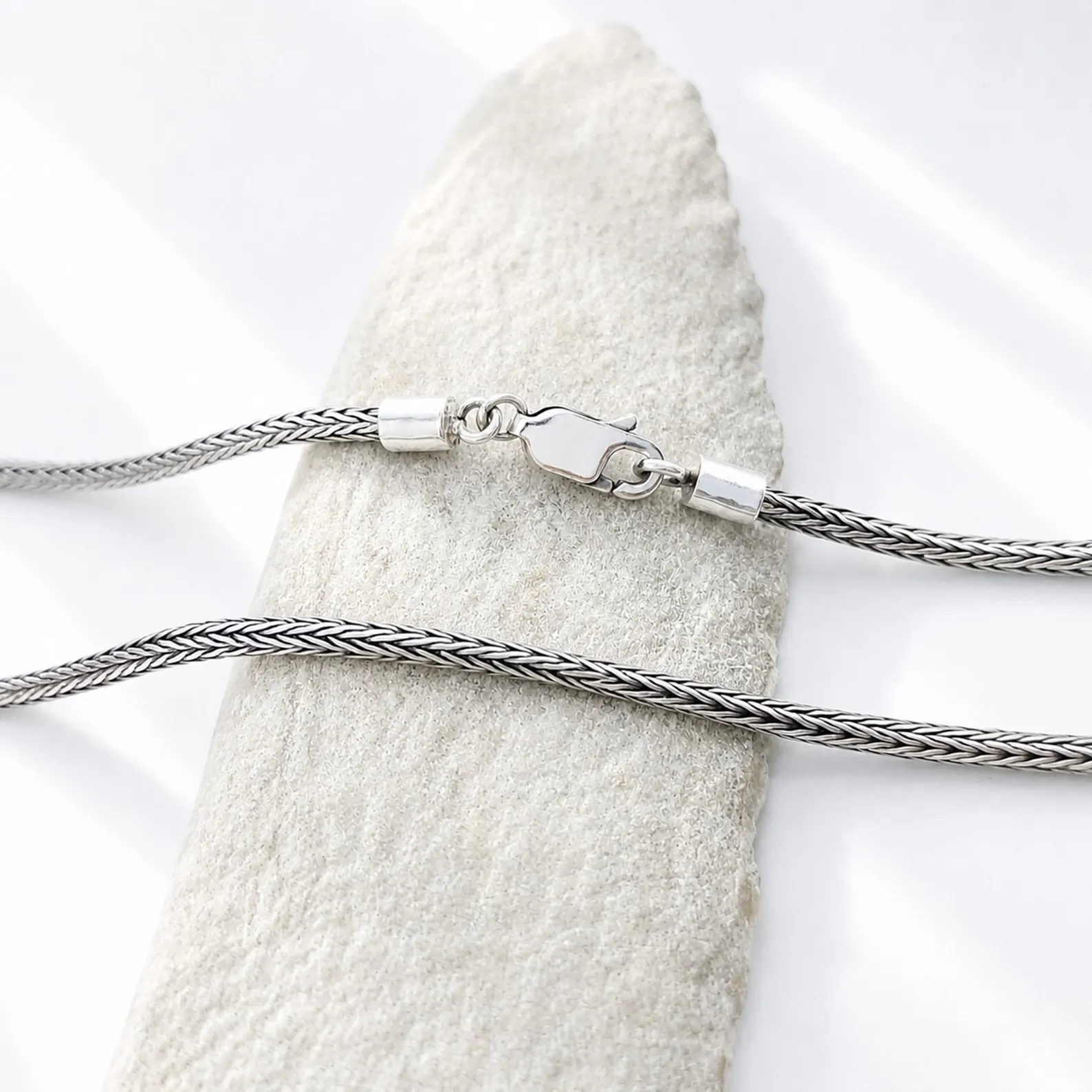Handmade Balinese Tulang Naga Sterling Silver Chain Detailed Tulang Naga woven sterling silver chain close up