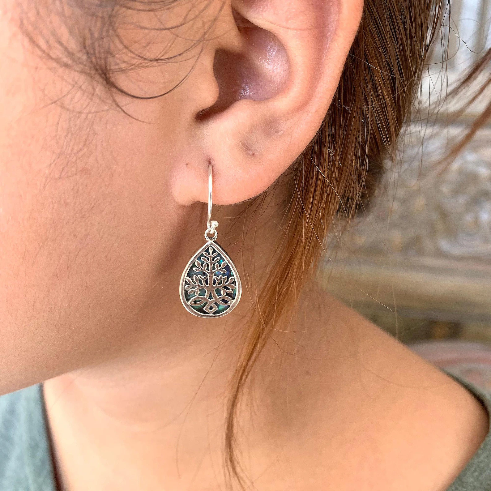 Handmade Tree of Life Abalone Earrings from Bali Blue green purple natural abalone shell sterling silver earrings