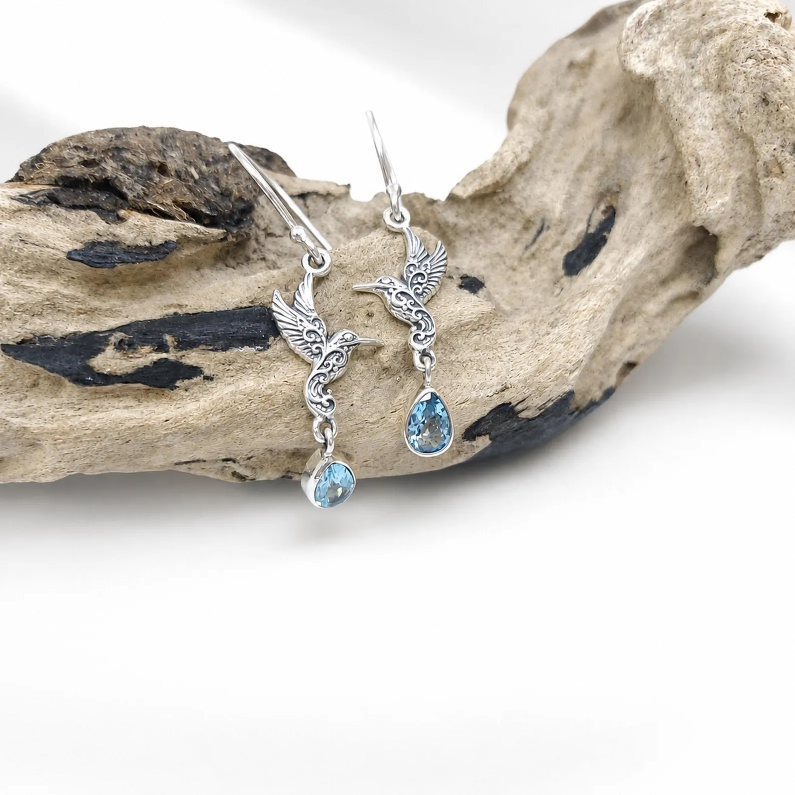 Hummingbird Gemstone Dangle Earrings Bali Jewelry handmade Indonesian silver hummingbird earrings with gemstone